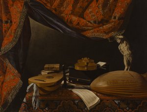 Stilleven met muziekinstrumenten, boeken en beeldhouwwerk